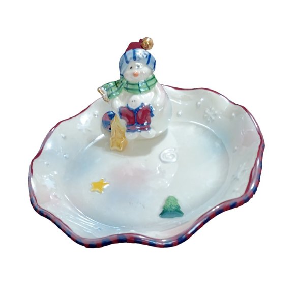 Luster Candy Dish With Attached Snowman Christmas Dish Winter 7" - Picture 4 of 6